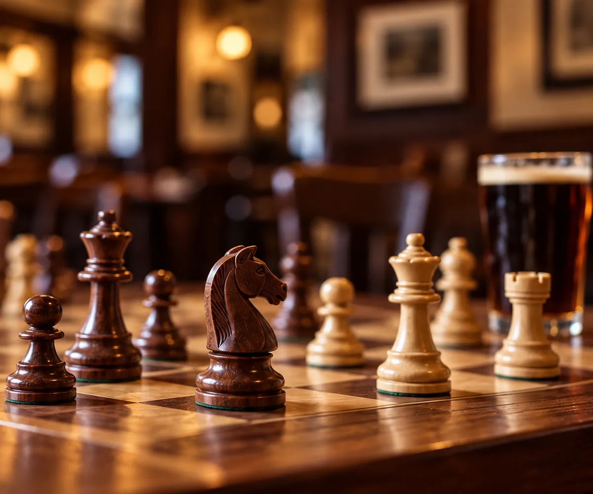 Wooden chess pieces on a board in an illustrative pub setting